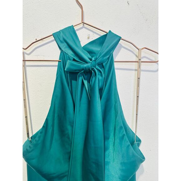 FAVIANA Green Satin Sleeveless Halter Neck Thigh-High Side Slit Gown Dress sz 14 - Picture 9 of 16
